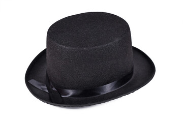 Single black felt top hat on white background