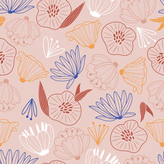 Hand drawn vector seamless pattern with different summer and spring flowers in line art style