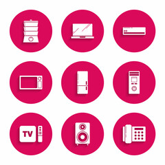 Set Refrigerator, Stereo speaker, Telephone, Remote control, TV box receiver and player with remote controller, Microwave oven, Air conditioner and Double boiler icon. Vector