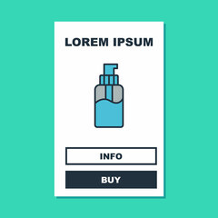 Filled outline Bottle of liquid antibacterial soap with dispenser icon isolated on turquoise background. Disinfection, hygiene, skin care concept. Vector