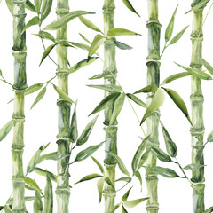 Green bamboo forest seamless pattern. Watercolor repeating background. - obrazy, fototapety, plakaty
