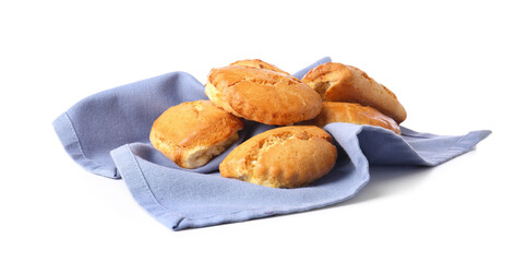 Tasty sochniki with cottage cheese on white background