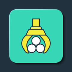 Filled outline Grapple crane grabbed a log icon isolated on blue background. Forest industry. Industrial crane for lumber trunk wood production. Turquoise square button. Vector