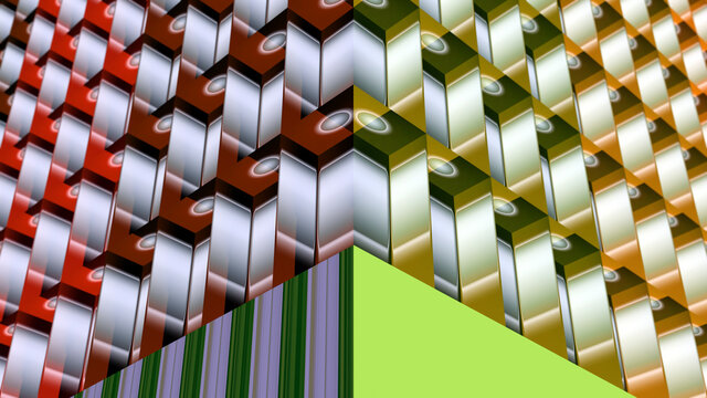 Parallax ~ Abstrakte, geometrische, vielfarbige Strukturen. Architektur / Phantasie. Digitales Kunstwerk / Druckvorlage. 3D Rendering