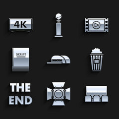 Set Cap with inscription director, Movie spotlight, , Popcorn cardboard box, The End handwritten, Scenario, Play Video and icon. Vector