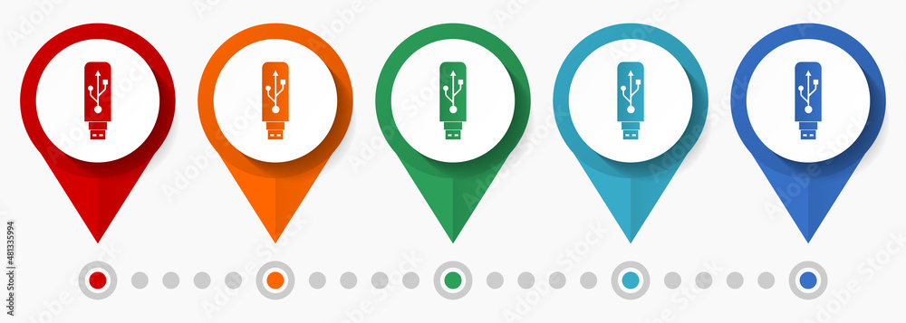 Aufkleber usb concept vector icon set, flat design pointers, infographic template
