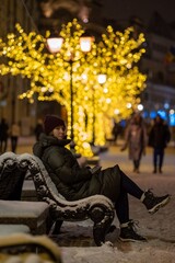 Portrait of a woman in the street. Winter in the city.