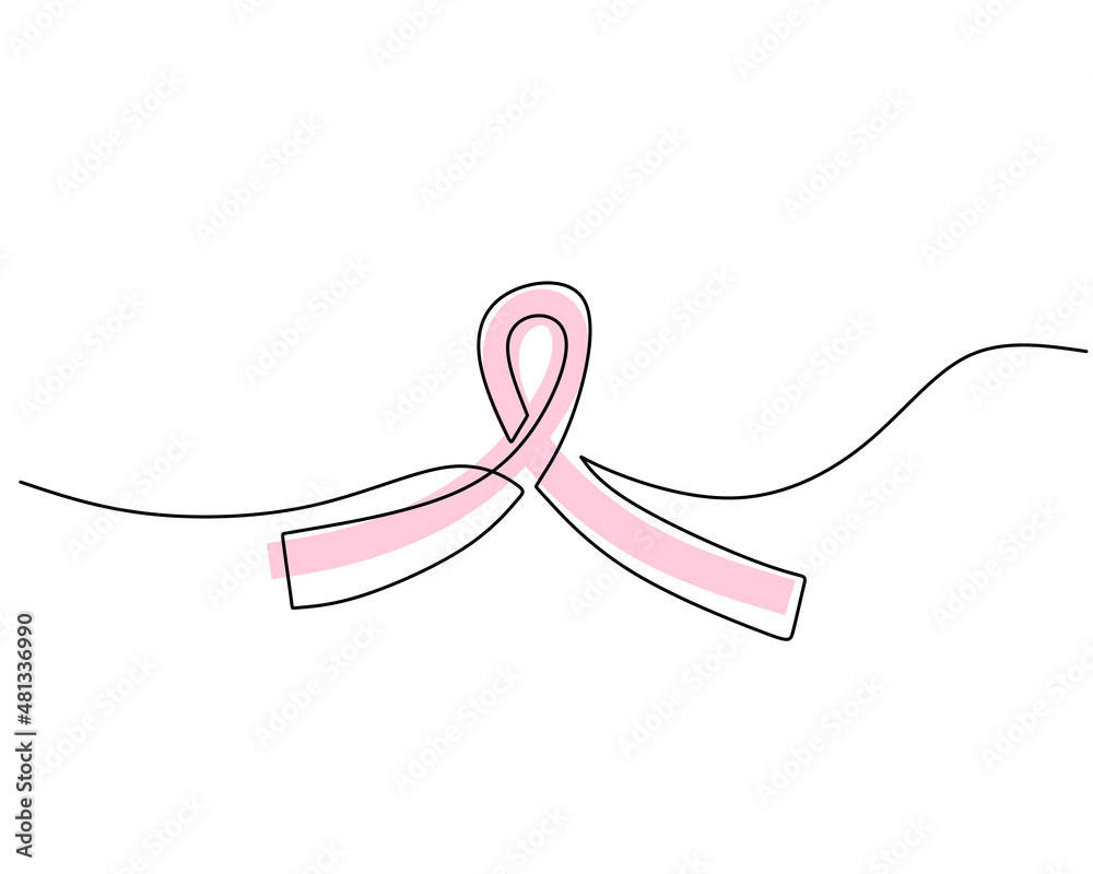 Wall mural One single continuous line of pink ribbon for world cancer day isolated on white background.