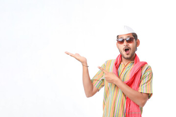 Young indian farmer in traditional wear and giving expression on white background.