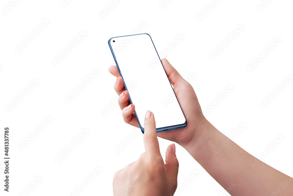 Poster modern smart phone in woman hands. left hand touch screen concept. isolated display and background i