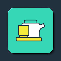 Fototapeta premium Filled outline Traditional tea ceremony icon isolated on blue background. Teapot with cup. Turquoise square button. Vector