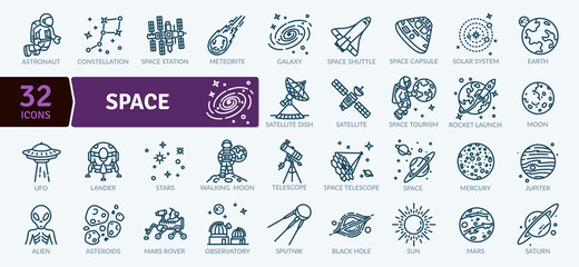 Space Exploration icons Pack. Thin line icon collection. Outline web icon set - obrazy, fototapety, plakaty