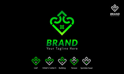 building leaf logo. building company logo with spade or leaf shape. This logo is for landscaping companies that design, build and maintain landscape landscapes. This logo focuses on green space.