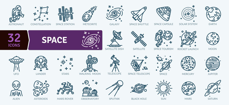 Space Exploration icons Pack. Thin line icon collection. Outline web icon set