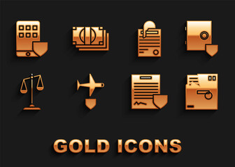 Set Plane with shield, Safe, Ordered envelope, Contract, Scales of justice, File document and paper clip, Smartphone insurance and Stacks money cash icon. Vector