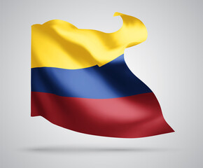 Colombia, vector flag with waves and bends waving in the wind on a white background.