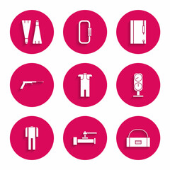 Set Wetsuit for scuba diving, Industry metallic pipes and valve, Case box container wobbler, Gauge scale, Fishing harpoon, Underwater note book pencil and Rubber flippers swimming icon. Vector