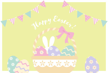 vector background with easter eggs and bunny in a basket for banners, cards, flyers, social media wallpapers, etc.