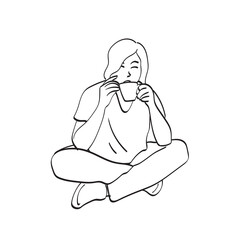woman sitting on the ground with a cup of coffee illustration vector hand drawn isolated on white background line art.