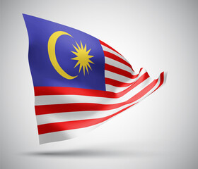 Malaysia, vector flag with waves and bends waving in the wind on a white background.