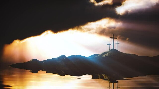 The sky over Golgotha Hill is shrouded in majestic light and clouds, revealing the holy cross symbolizing the death and resurrection of Jesus Christ.