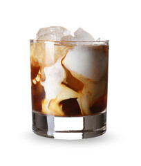 Glass of delicious White Russian cocktail on white background