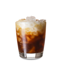 Glass of delicious White Russian cocktail on white background