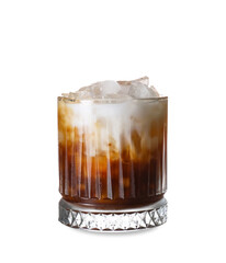 Glass of delicious White Russian cocktail on white background