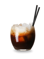 Glass of delicious White Russian cocktail on white background