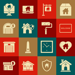 Set House, with heart shape, Doormat the text Welcome, Hanging sign Sale, shield, Warehouse dollar symbol, Monitor and Paint roller brush icon. Vector