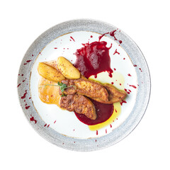 Isolated gourmet dish foie gras with apples and berry sauce