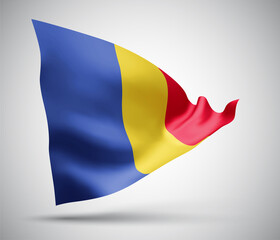 Romania, vector flag with waves and bends waving in the wind on a white background.