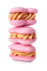 Stack of tasty heart-shaped macaroons on white background