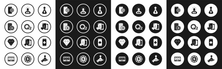 Set Money bag, Casino chips, with dollar, Online poker table game, Playing card clubs symbol, win, and Diamond icon. Vector