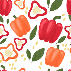 Seamless pattern with vegetables. Bright peppers of different colors and sizes, pieces and leaves. Pattern on a white background. For textiles, paper, packaging. Vector illustration
