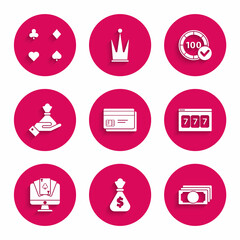 Set Credit card, Money bag, Stacks paper money cash, Online slot machine with lucky sevens jackpot, poker table game, Hand holding, Casino chips and Playing cards icon. Vector