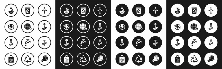 Set Wind turbine, Planet earth and a recycling, Recharging, Electric saving plug leaf, Light bulb with, Recycle recycle symbol, and icon. Vector