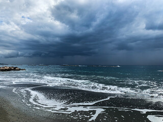 Dark sky sea horizon, natural seascape background, vivid colors
