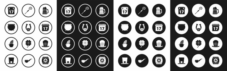 Set Wooden beer mug, Horseshoe with four leaf clover, Witch cauldron, Saint Patrick's day calendar, Walking stick, Leprechaun hat and and rainbow icon. Vector