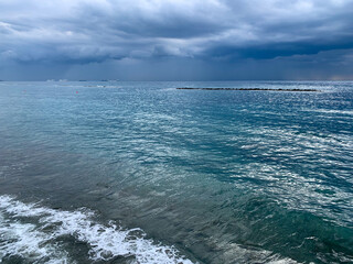 Dark sky sea horizon, natural seascape background, vivid colors