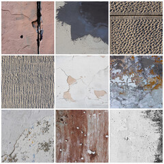 Wall texture set. Rough surfaces of the plastered and colored concrete walls with patterns of...
