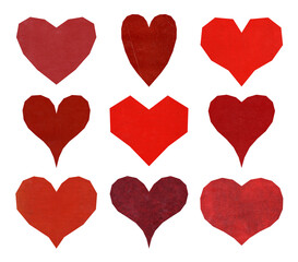 Set of nine angular hearts with textures. The collection includes: red paper and canvas. Perfect for design.