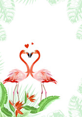 Romantic Valentine's Day template. Invitation card with Two flamingos in love and tropical palm leaves, plants, bird of paradise.Wedding invitation card, flyer, banner 
