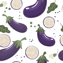 Seamless pattern with vegetables. Bright eggplants of different colors and sizes, pieces and leaves. Pattern on a white background. For textiles, paper, packaging. Vector illustration