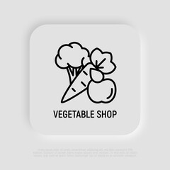 Organic shop, vegetables: apple, broccoli, carrot. Thin line icon. Healthy food. Vector illustration.