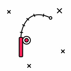 Filled outline Fishing rod icon isolated on white background. Catch a big fish. Fishing equipment and fish farming topics. Vector