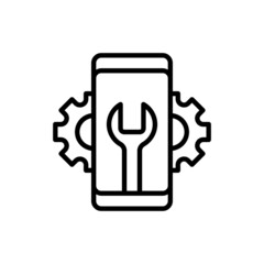 Settings for mobile app thin line icon: wrench and wheels on smartphone screen. Modern vector illustration.
