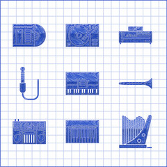 Set Piano, Music synthesizer, Harp, Clarinet, DJ remote for playing and mixing music, Audio jack, CD player and Vinyl disk icon. Vector