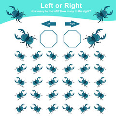 Left or Right Game for Preschool Children. Worksheet activity for preschool kids. Insects education math printable worksheet to counting how many are left and right. Vector illustration.