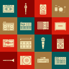 Set Music synthesizer, MP3 player, Guitar amplifier, DJ remote for playing and mixing music, Retro audio cassette tape and icon. Vector